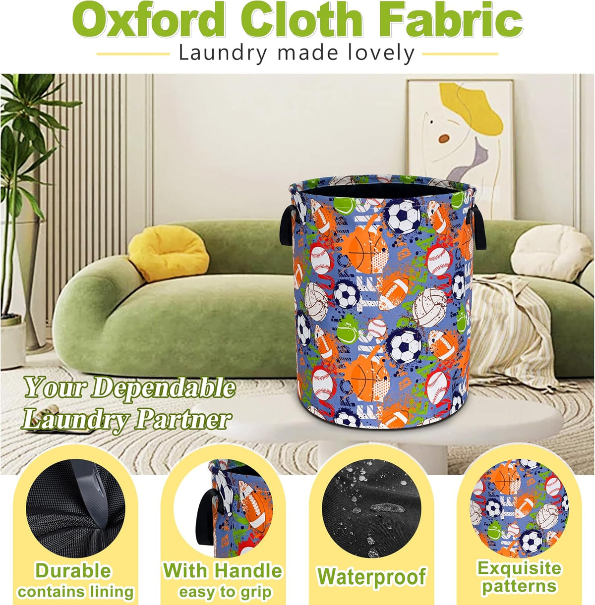 Funny Ball Sports Laundry Basket Foldable Waterproof Hamper 18.9x16.5 Inch