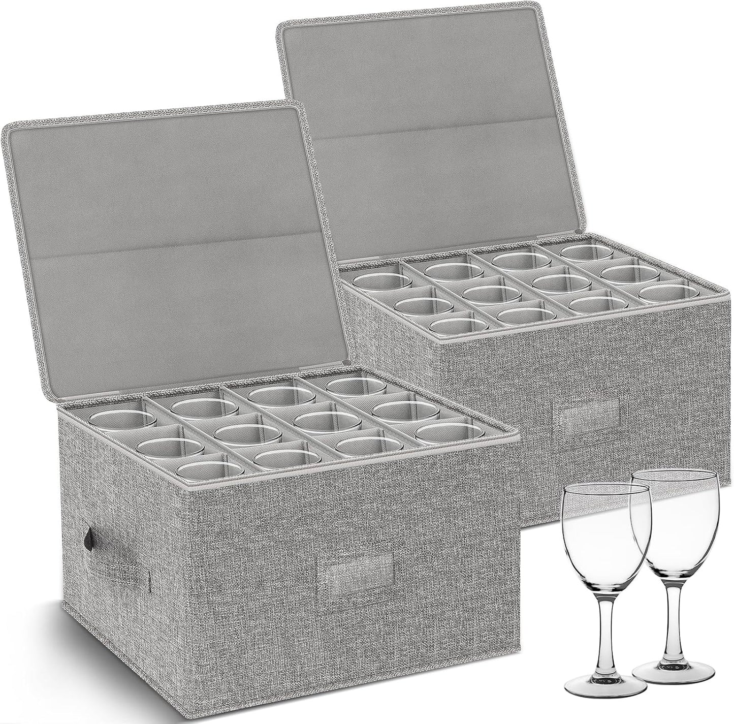 Kukikan Wine Glass Storage Box 2-Pack, Stemware Container Cases, Stackable w/Hard Shell Top Sides Bottom, Moving Supplies, China Storage Containers for 24 Crystal Glasses Drinkware 9.2'' Tall, Grey