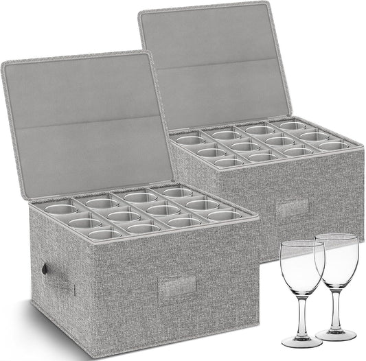Kukikan Wine Glass Storage Box 2-Pack, Stemware Container Cases, Stackable w/Hard Shell Top Sides Bottom, Moving Supplies, China Storage Containers for 24 Crystal Glasses Drinkware 9.2'' Tall, Grey