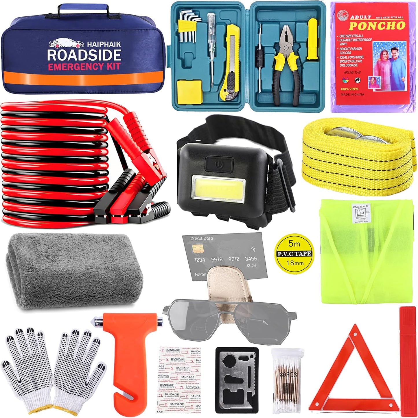 HAIPHAIK Car Emergency Kit with 11.8ft Jumper Cables, Roadside Safety Kit | Emergency Roadside Kit for Car Tow Strap, Folding Shovel, Emergency Tools Box, Breakdowns Travel for Women Men
