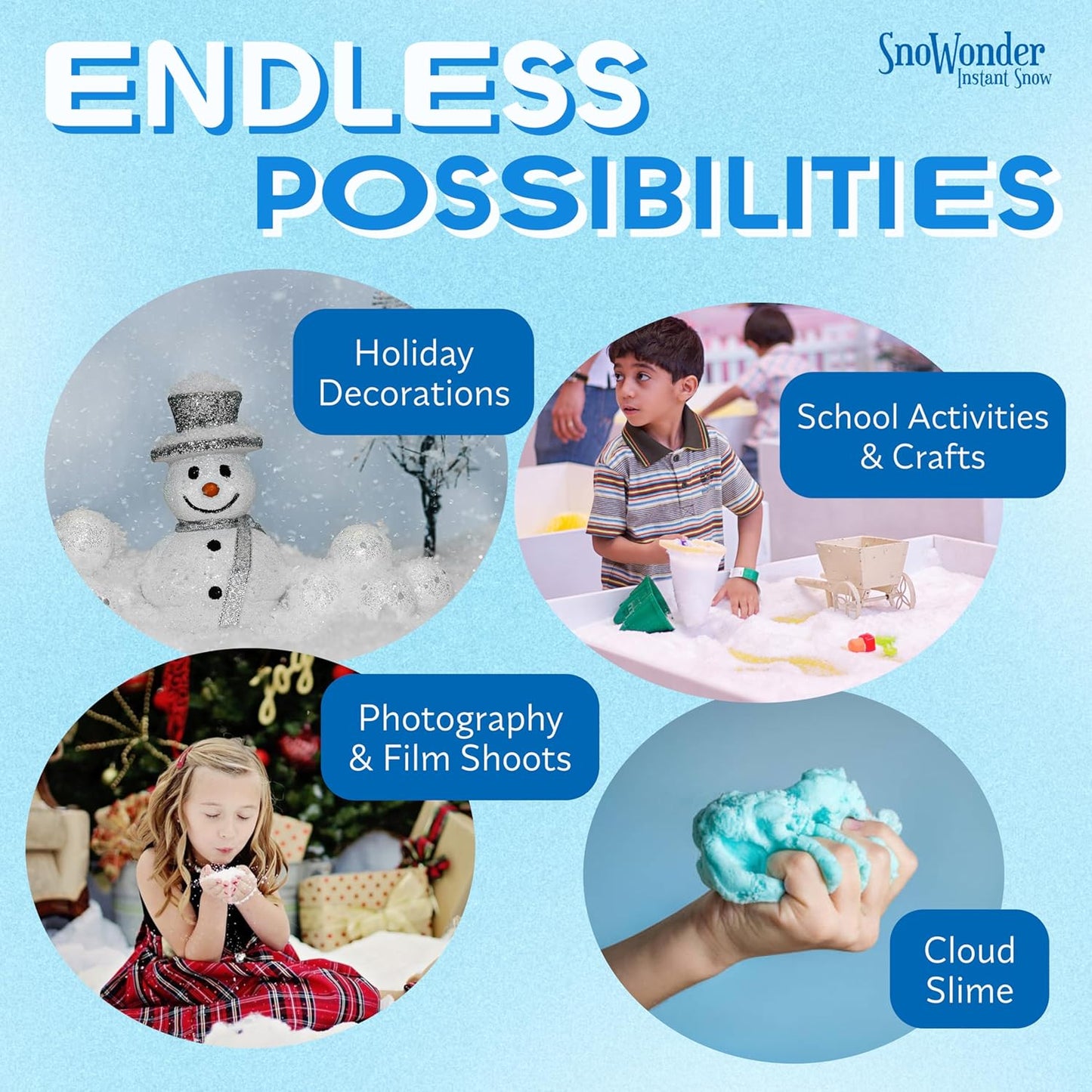 SNOWONDER Instant Snow Fake Artificial Snow, Also Great for Making Cloud Slime - Mix Makes 4 Gallons of Fake Snow