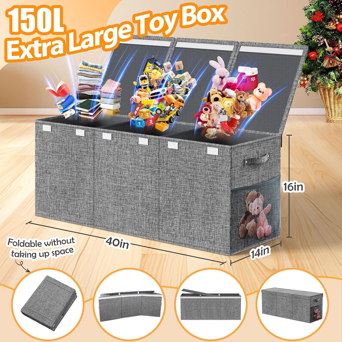 Extra Large Toy Storage Box with Lid Divider, Sturdy Collapsible Toys Organizer Chest Kids Storage Bins Boxes Baskets for Boys, Girls, Nursery, Bedroom, Living Room, Playroom, 40"x14"x16", Gray