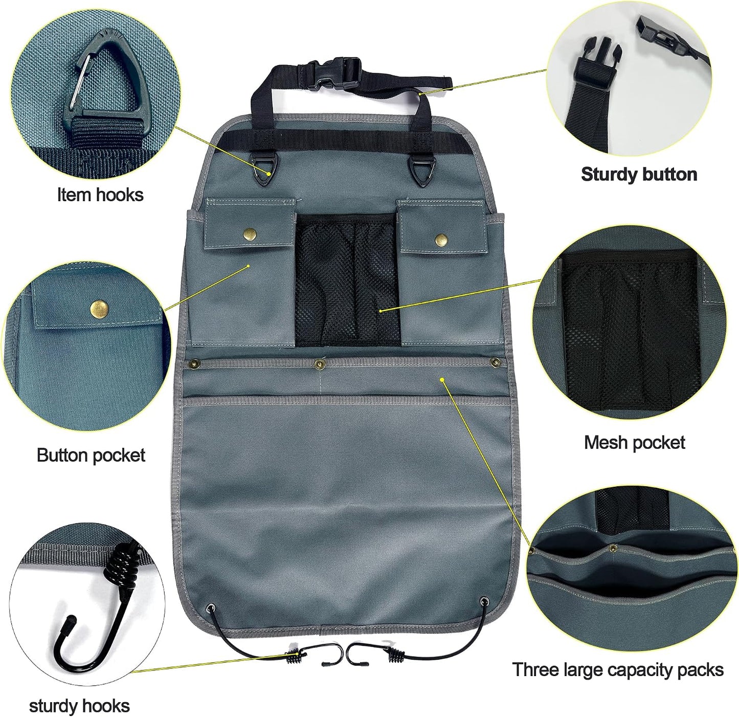 Car Seat Back Organizer with Multiple Pockets and Hooks (grey)