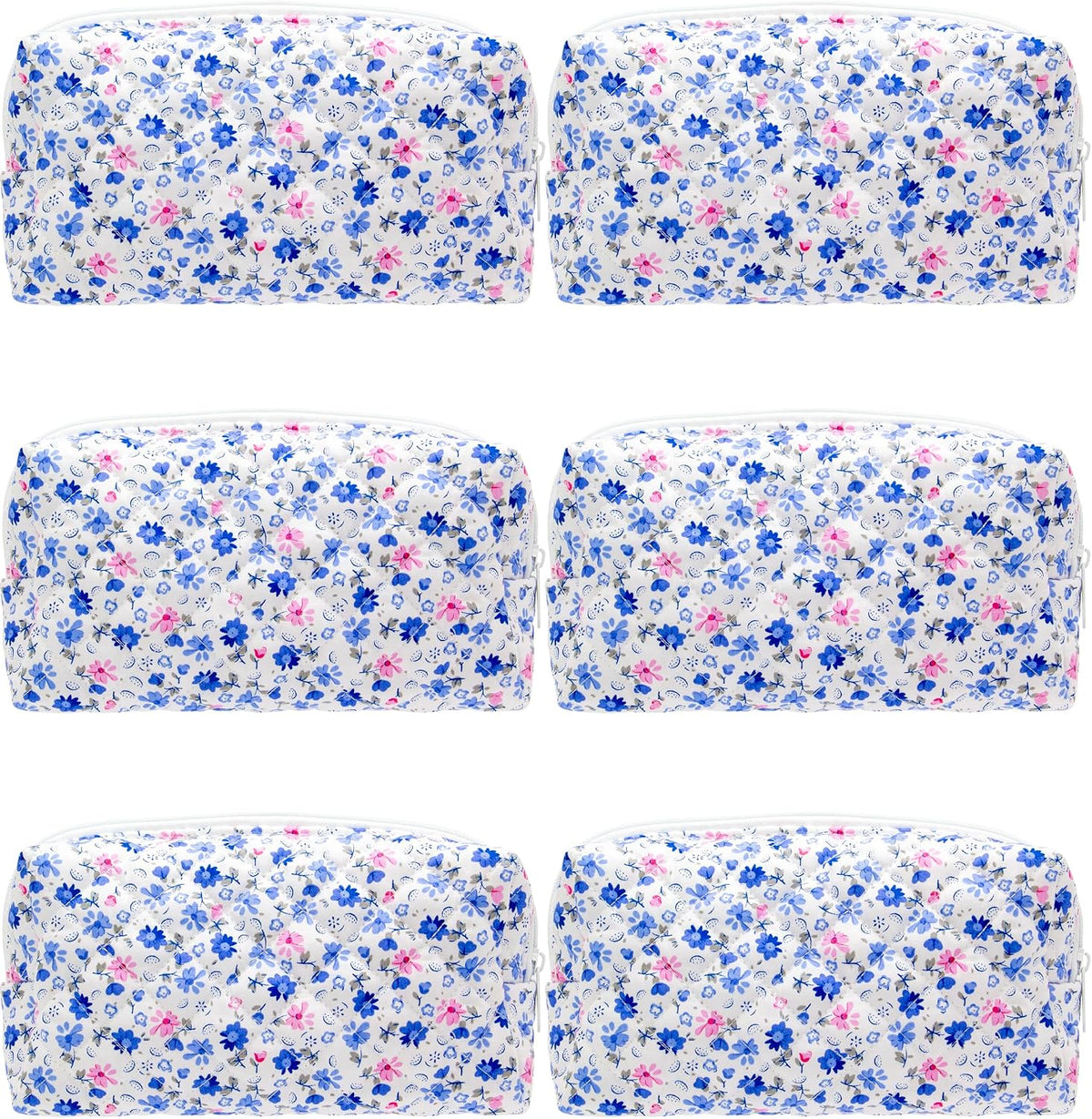 PAZIMIIK Small Quilted Makeup Bag,Zipper Cosmetic Pouch,Floral Blue,6 Pack