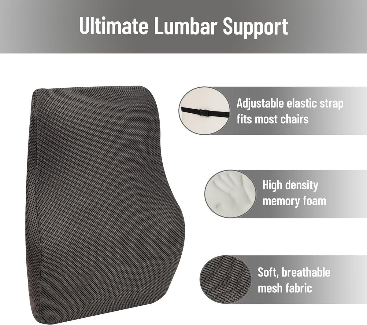 Mind Reader Air-Cloud Lumbar Cushion, Ergonomic Memory Foam Back Support Pillow for Office Chairs, Recliners, and Car Seats, Chiropractor-Recommended, Gray