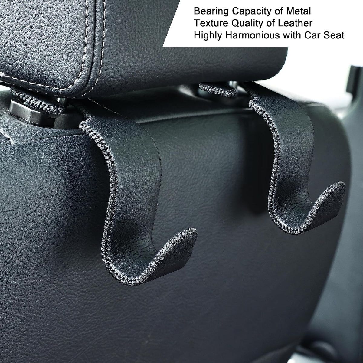 Amooca Car Seat Headrest Hook 4 Pack Metal Core Hanger Universal Car Storage Organizer for Handbag Purse Coat S Type Leather Black