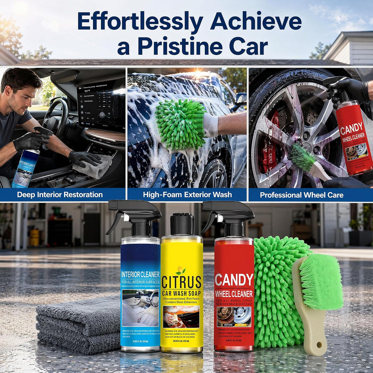 Complete Car Cleaning Kit - Interior Cleaner, Citrus Car Wash Soap, Wheel Cleaner with Chenille Glove, Wheel Brush & Microfiber Towel | for Cars, Trucks, RVs & SUVs