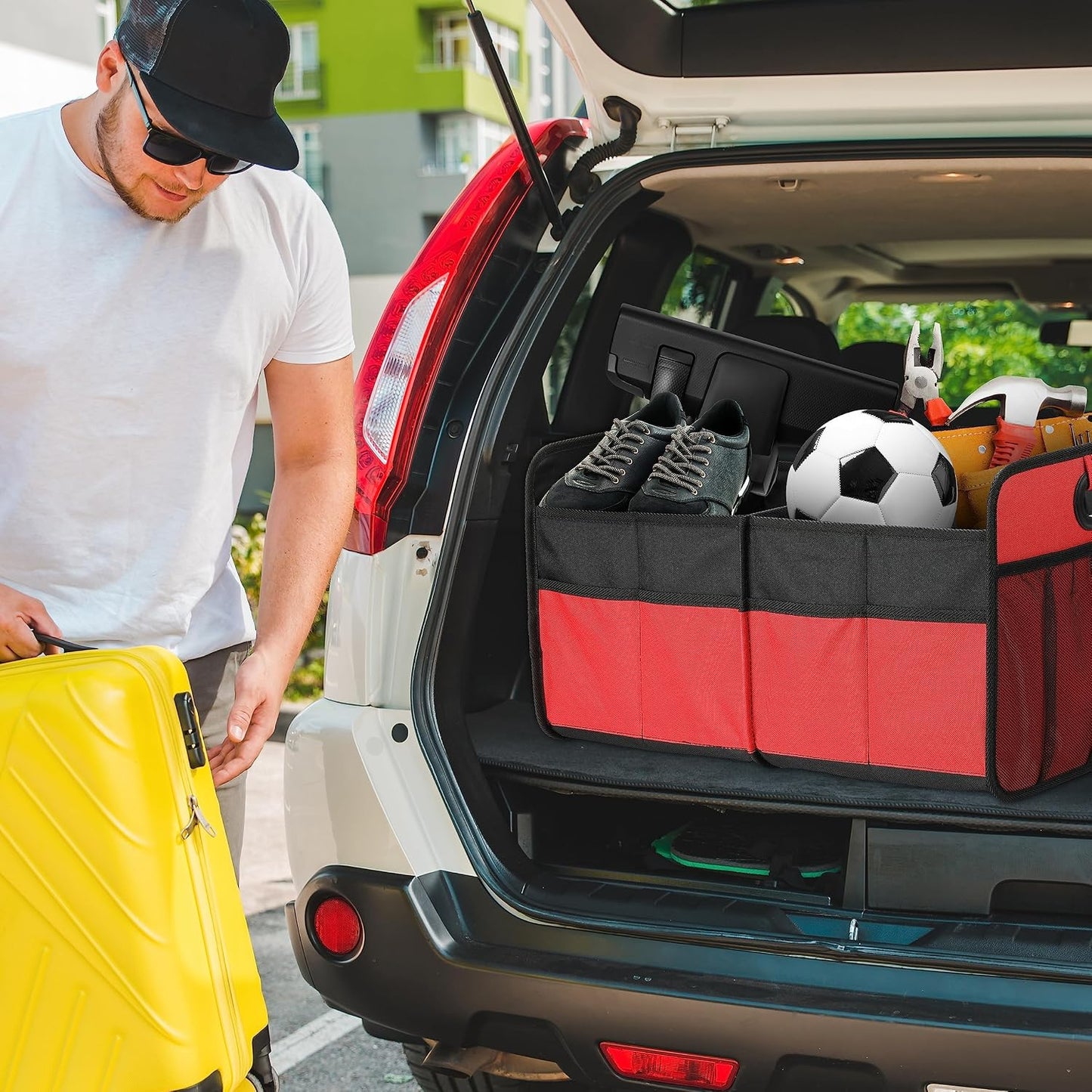 Simple Deluxe Car Trunk Organizer, 2 Compartments Collapsible Trunk Storage, Anti-slip Design, Made of Waterproof 600D Oxford Polyester, Suitable for SUV, Minivan, Standard Size, Red, 2 Pack