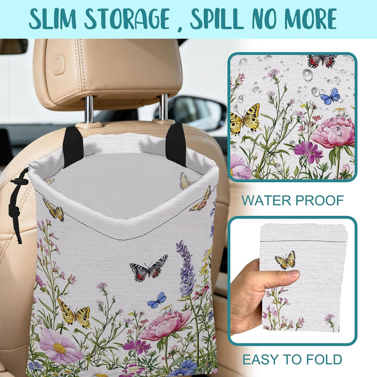 Car Garbage Bag Watercolor Butterfly Wildflower Drawstring Car Trash Bag Hanging for Back Seat with Adjustable Buckle Canvas Vehicle Trash Can Easy-to-Install