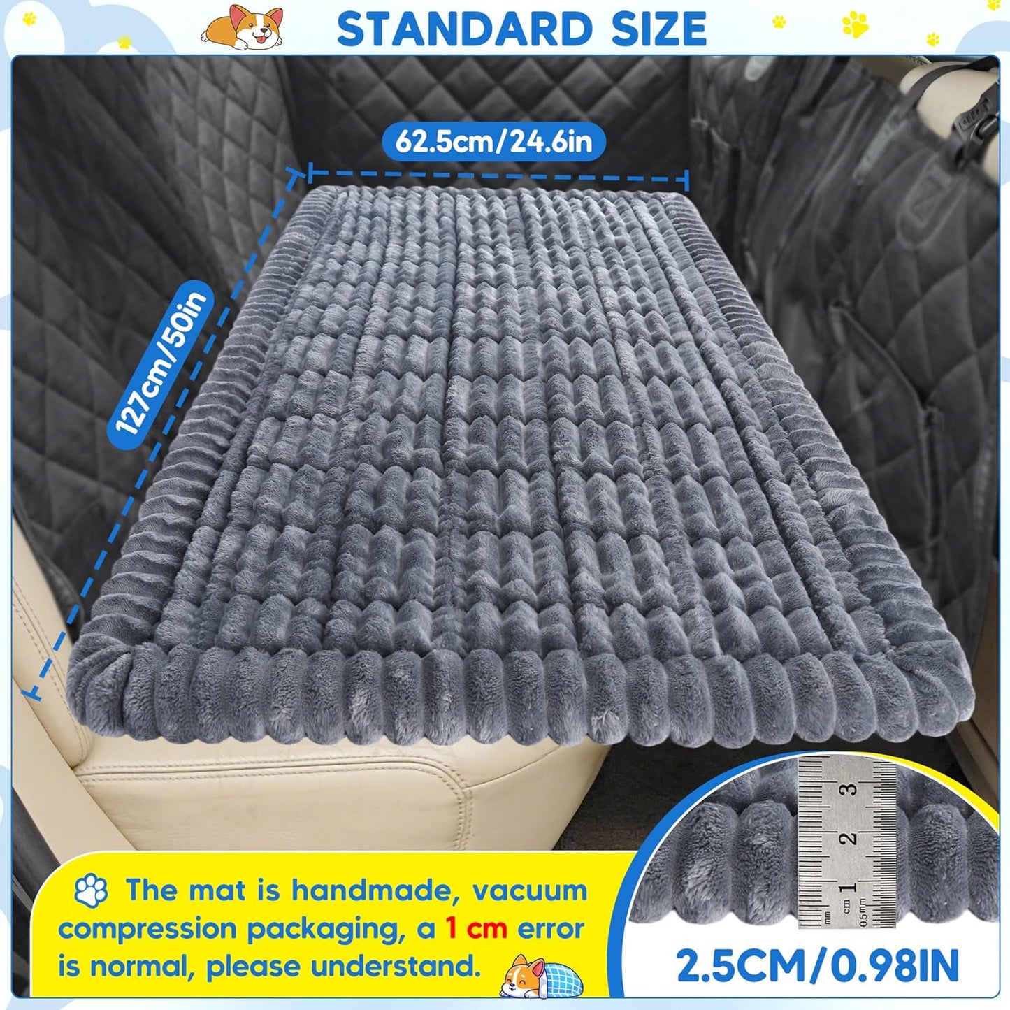 Loiion Dog Car Bed, Non-Slip Backseat Dog Bed Mat with Plush Flannel, Pet Travel Cushion for Car SUV Truck, Machine Washable Dog Seat Protector (50" L×24.6" W) Gray