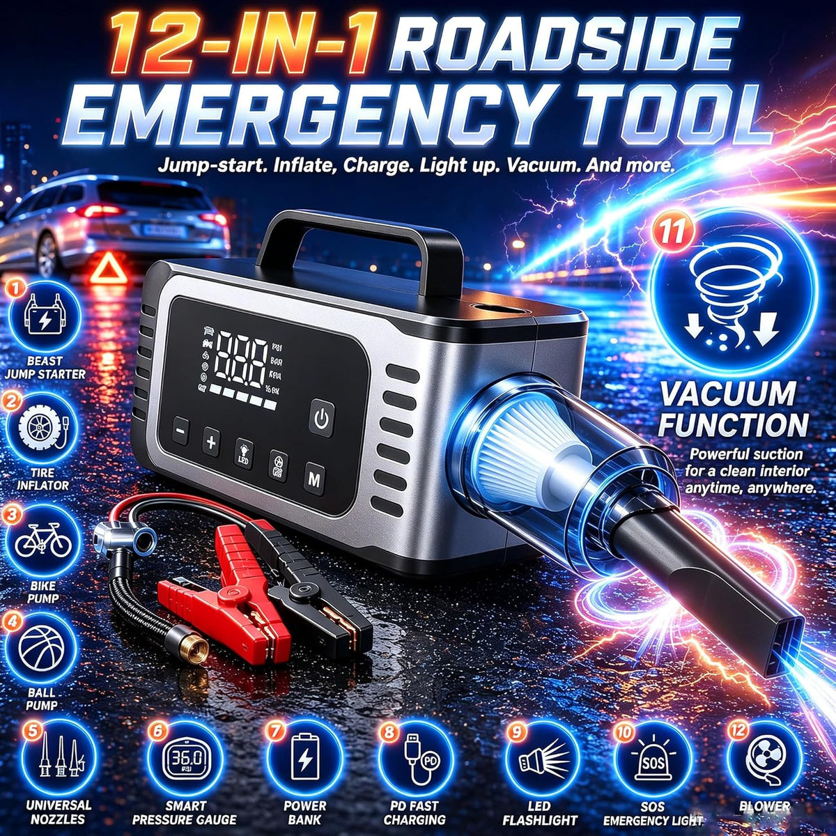 8000A Car Battery Jump Starter with Air Compressor, 150 PSI Tire Inflator
