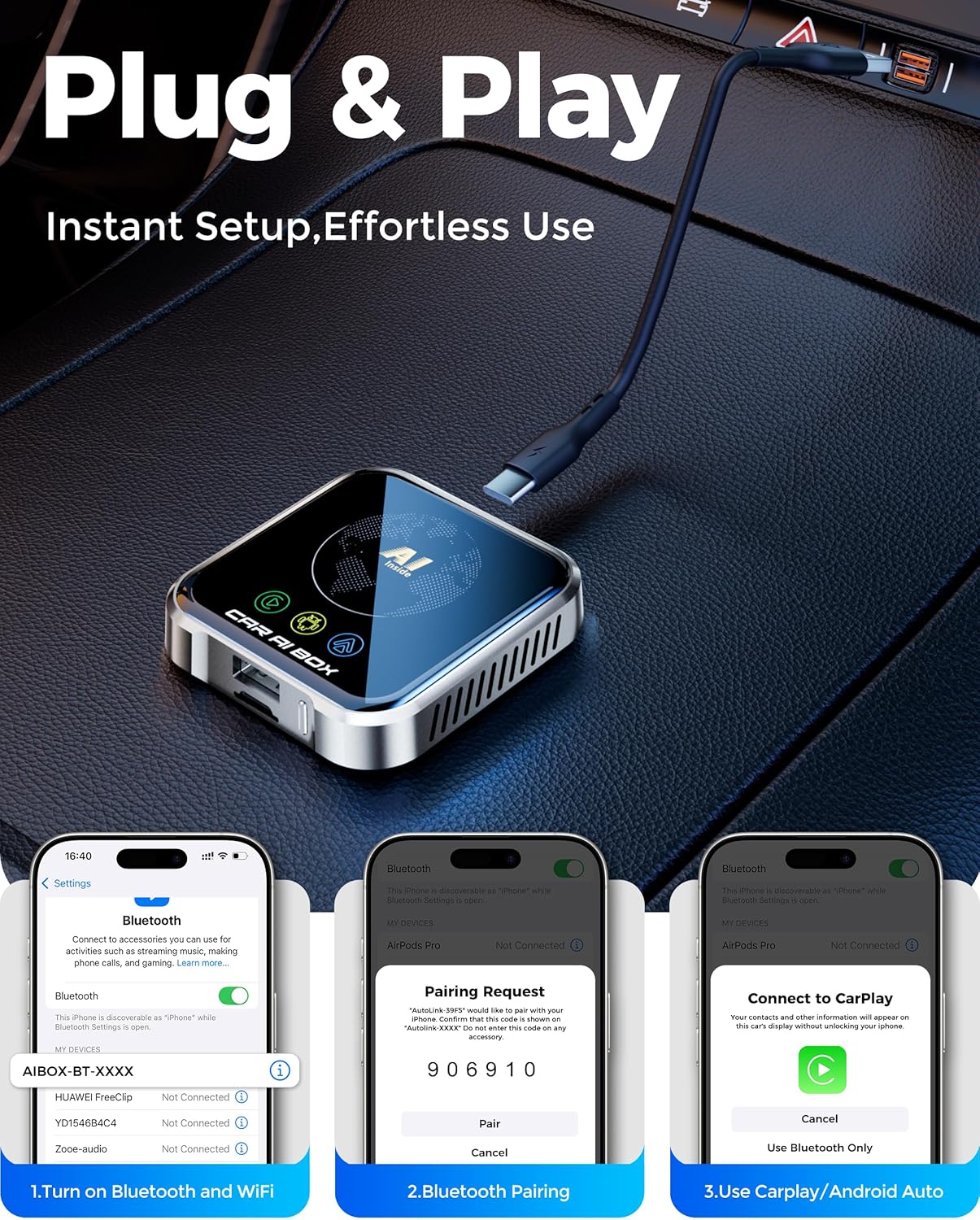 Magic AI Box Wireless CarPlay Adapter, Fast Car Video Box Plug & Play, Easy Setup, Supports Netflix/YouTube/TF Card Streaming Equalizers and More for OEM Wired CarPlay/Android Auto Cars(Smoky Gray)