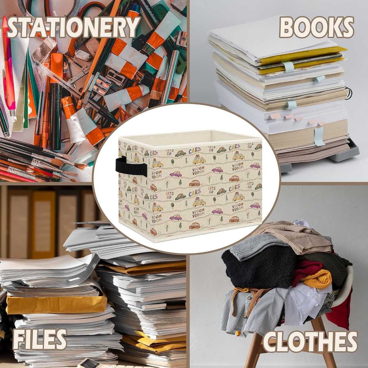 Vintage Car Nursery Foldable Storage Bins Box with Handles, Neutral Car Vehicle Collapsible Toys Books Clothes Organizer Basket for Kids Nursery Room Bedroom Bathroom Playroom