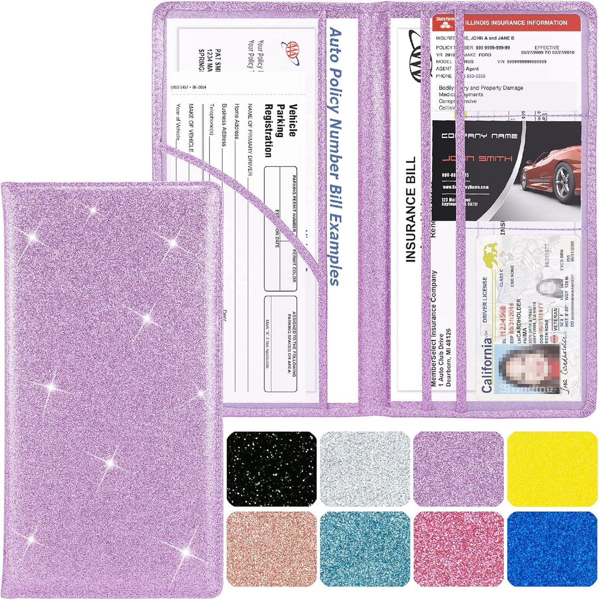 Leather Car Registration and Insurance Holder Magnetic Shut, Glitter Purple