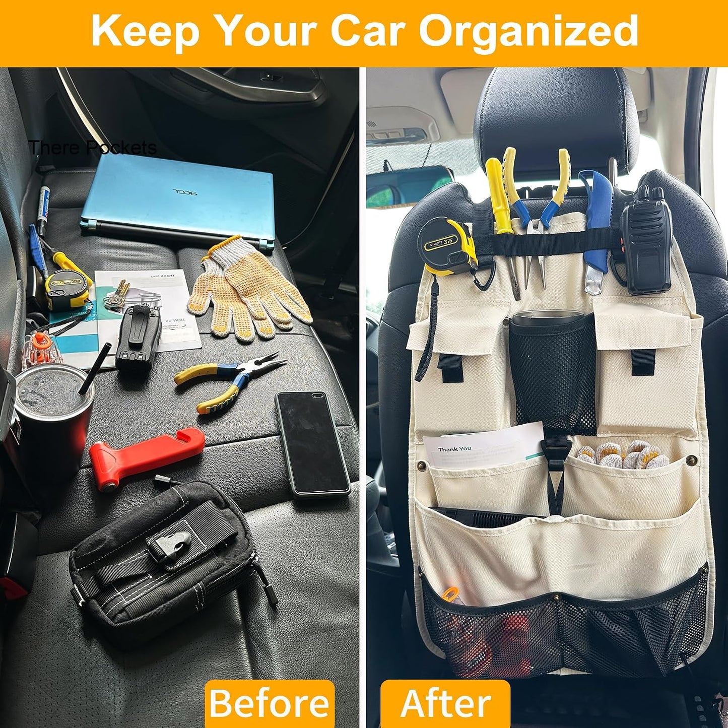 Car Seat Back Organizer with Multiple Storage Pockets, Black Mesh and Fabric, Universal Fit (beige)