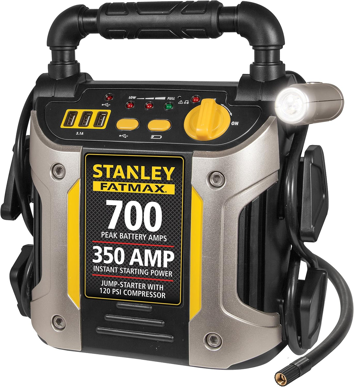 Stanley FATMAX J7CS Portable Power Station Jump Starter 700 Peak Amp Battery Booster, 120 PSI Air Inflator, 3.1A USB Ports, Battery Clamps