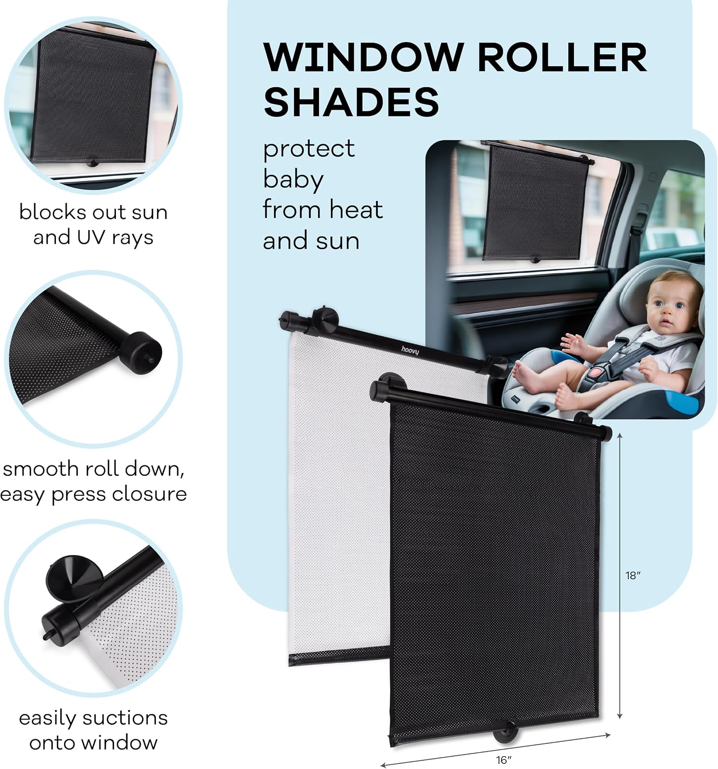 Hoovy My First Car Ride™ 3-in-1 Baby Car Essentials Bundle, Roller Sun Shades, Rear-Facing Mirror, and Seat Protector