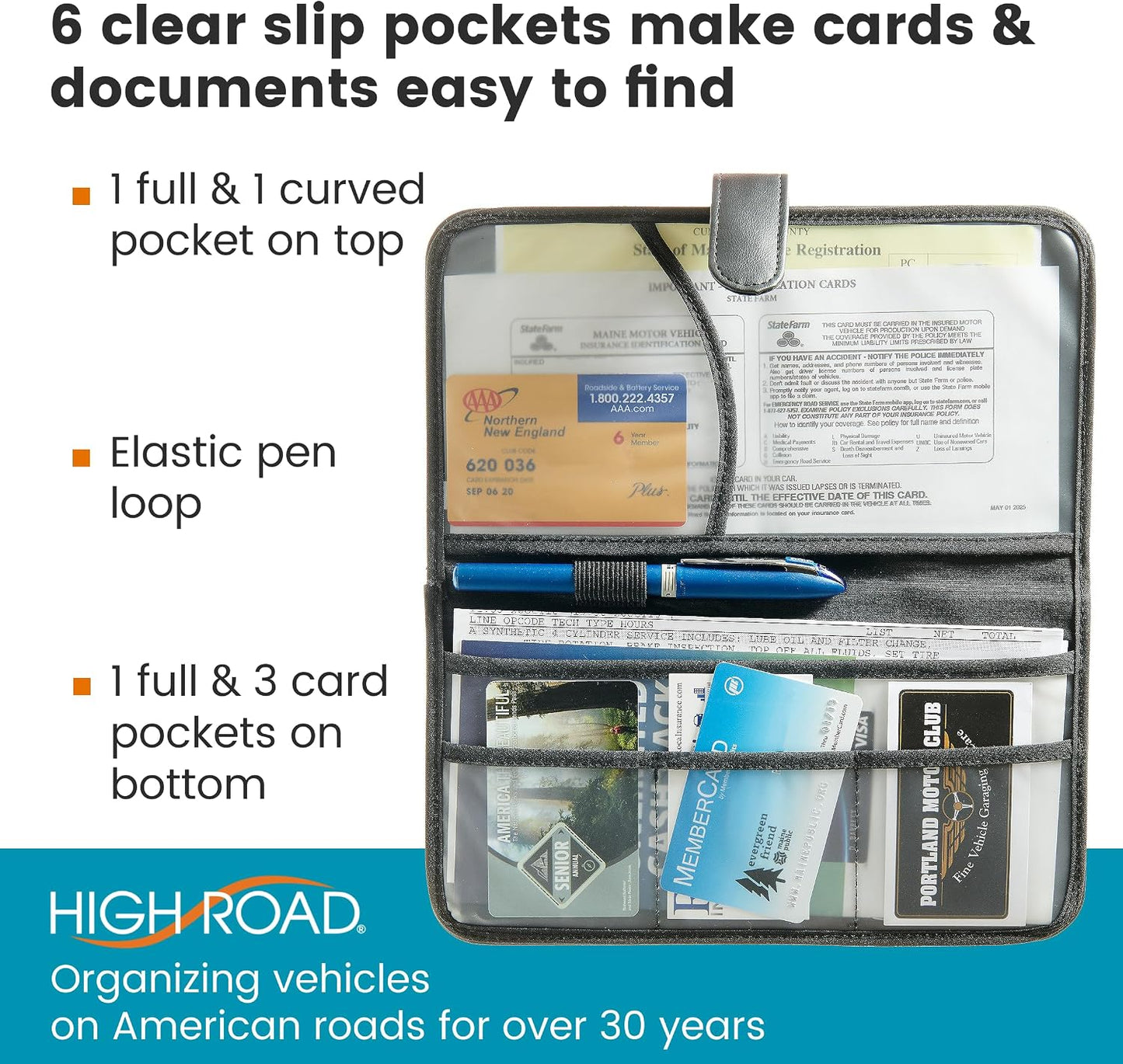 High Road Car Document Holder - Registration and Insurance Card Holder and Car Visor Organizer with 6 Clear Pockets and Pen Loop for Driving Documents, Cards and Paperwork