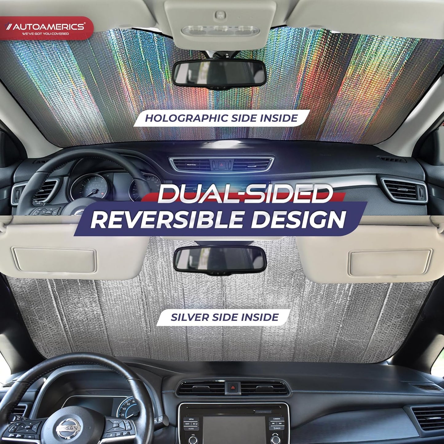 Autoamerics Holographic Car Windshield Sun Shade – Reflective Accordion Sunshade Blocks UV Rays & Heat – Front Windshield Cover for Cool Interior – Large 28 x 58 in – Universal Fit
