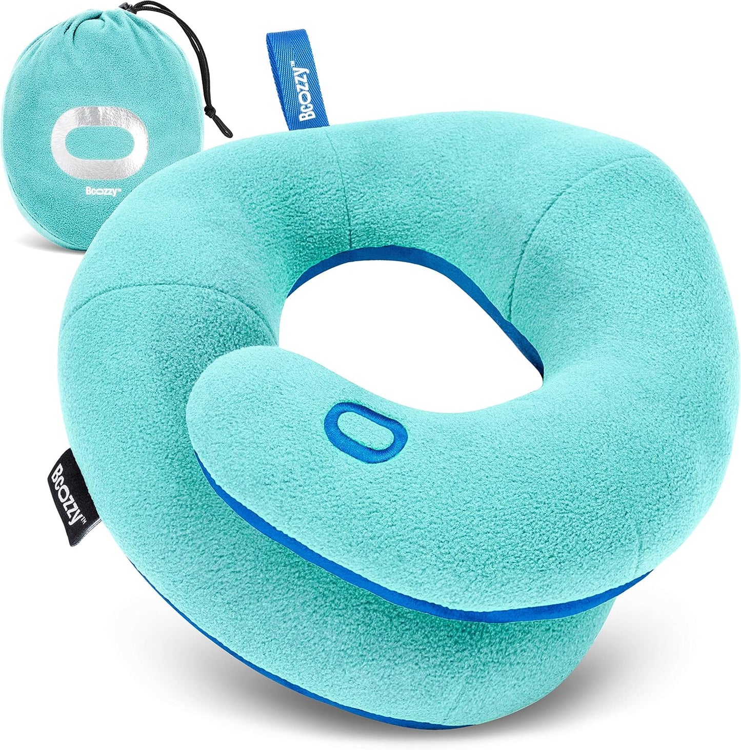 BCOZZY Kids Chin Supporting Travel Pillow for Ages 8–12- Patented Soft Neck Pillow for Head and Chin Support in Car Seat and Airplane. Comfortable Travel Essential. Medium Size, Bag, Light Blue