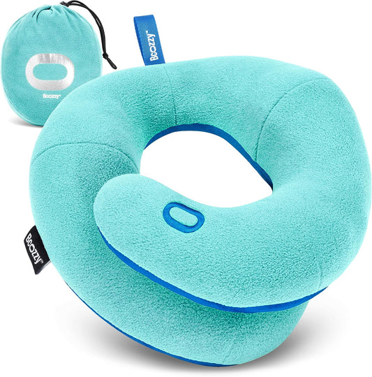 BCOZZY Kids Chin Supporting Travel Pillow for Ages 8–12- Patented Soft Neck Pillow for Head and Chin Support in Car Seat and Airplane. Comfortable Travel Essential. Medium Size, Bag, Light Blue