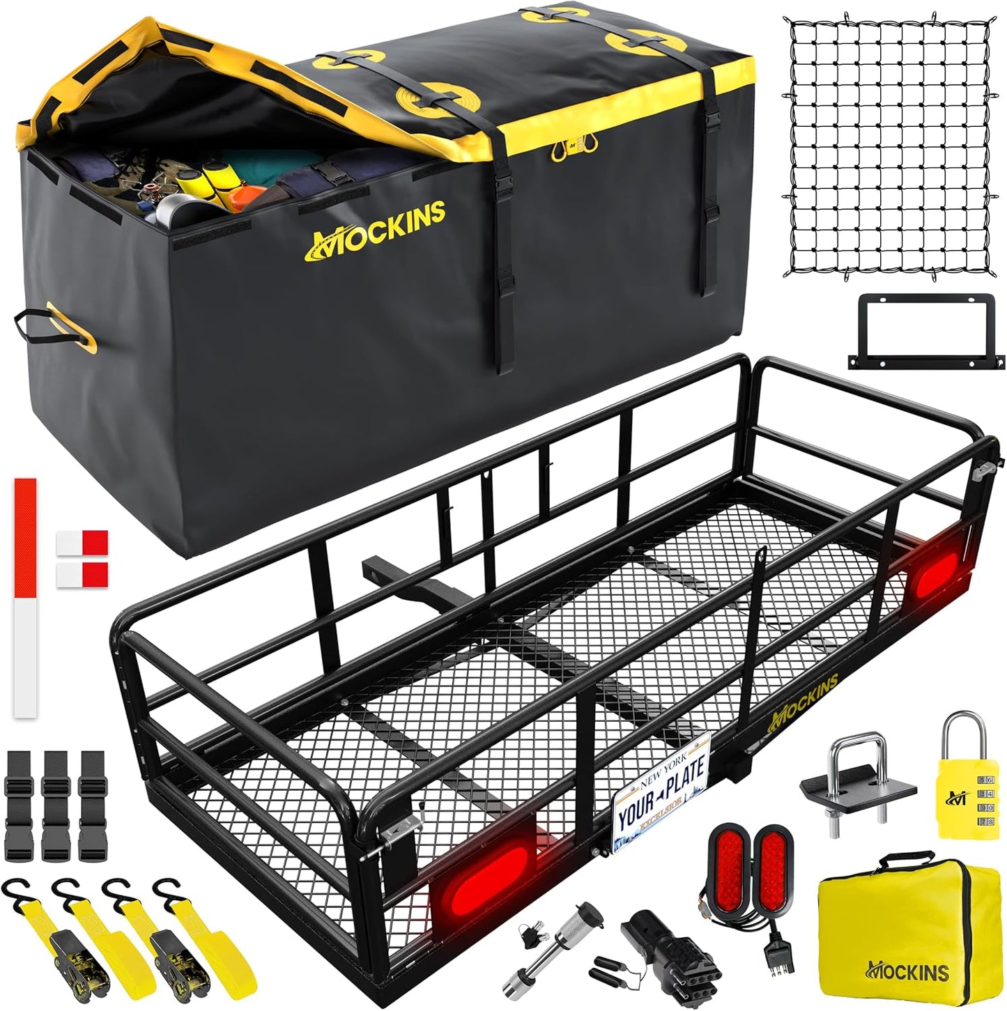 Mockins 60"x24"x14" High Rail Trailer Hitch Cargo Carrier with Rear Lights | Includes 30 CuFt Cargo Bag for Hitch Carrier & Plate Bracket | 500 Lbs Capacity All-Weather Luggage Rack for SUV Car Truck RV