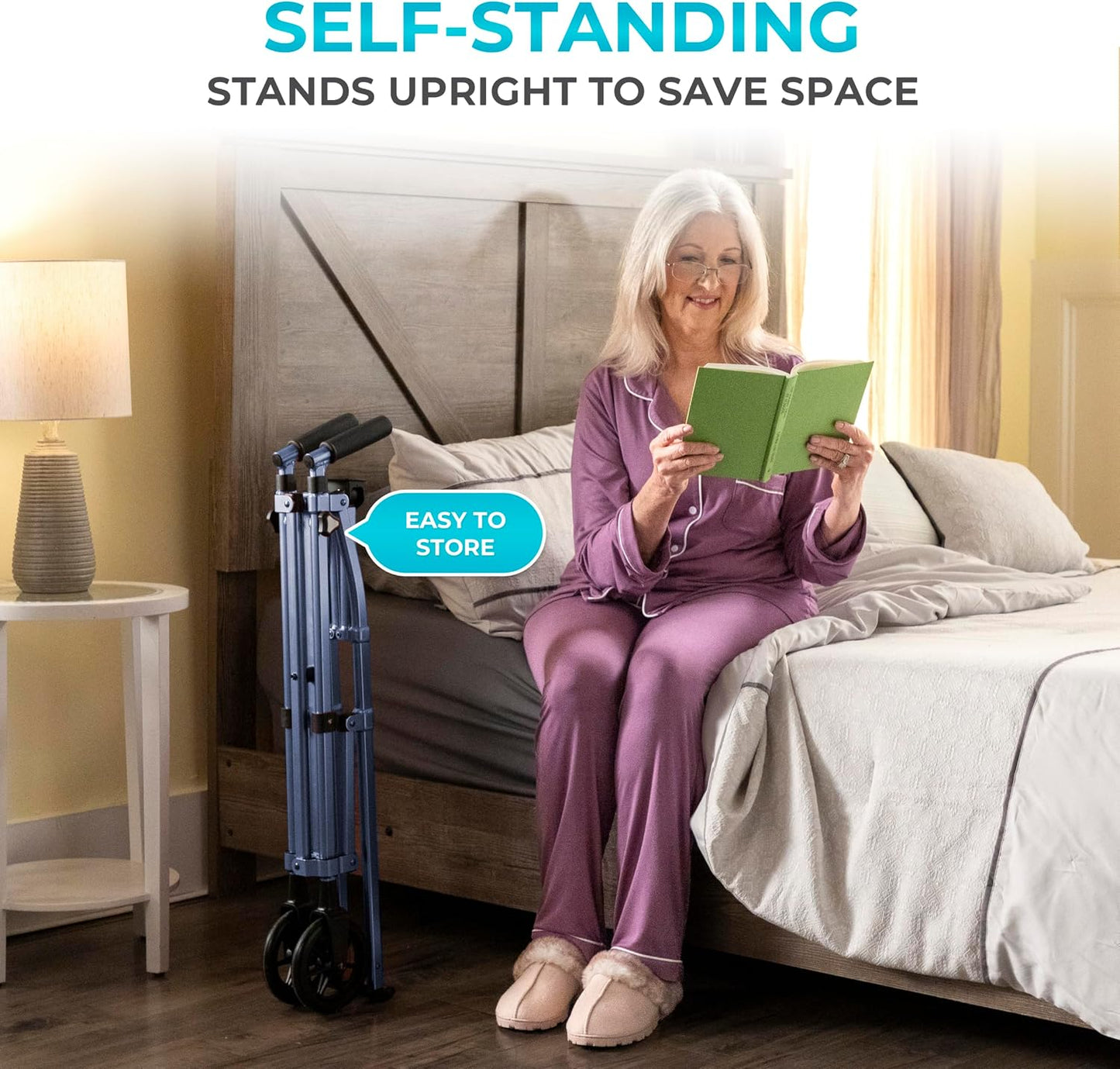 Stander Space Saver Walker, Lightweight Folding Rolling Mobility Aid for Seniors & Adults, Compact 2-Wheel Disability Device with 6-inch Wheels & Ski Glides for Walking Support, Cobalt Blue