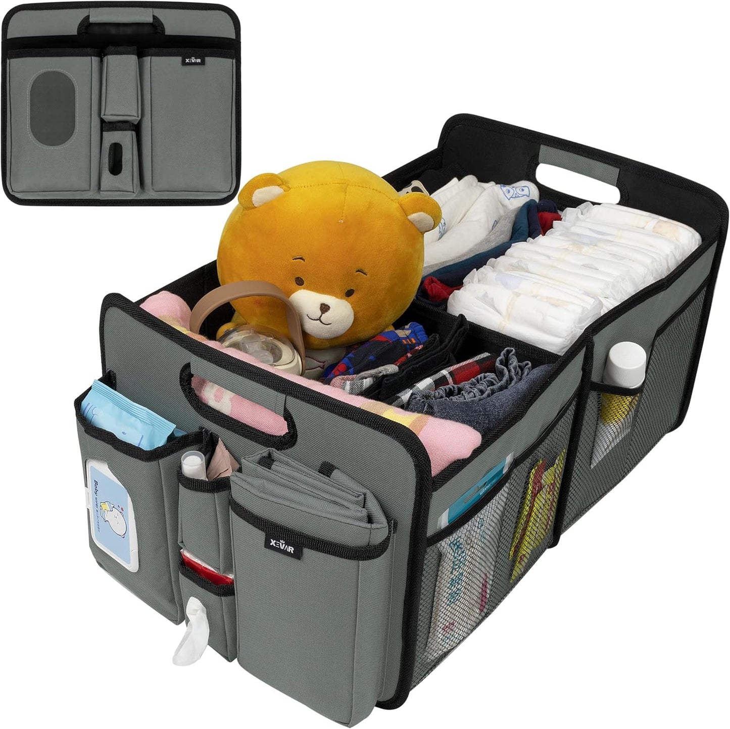 Baby Diaper Caddy Organizer with Changing Mat - Portable Car Caddy for Newborn Essentials, Diapers &amp; Wipes, Perfect for Baby Shower and New Mom | Oxford Fabric, Grey