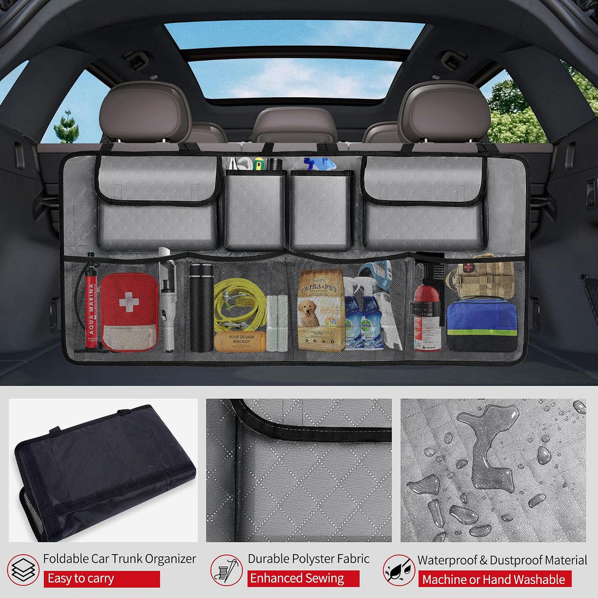 Car Trunk Organizer and Storage, Large Capacity Backseat Hanging Storage Accessories, Backseat Car Organizer for SUV/MPV/Truck (Grey)