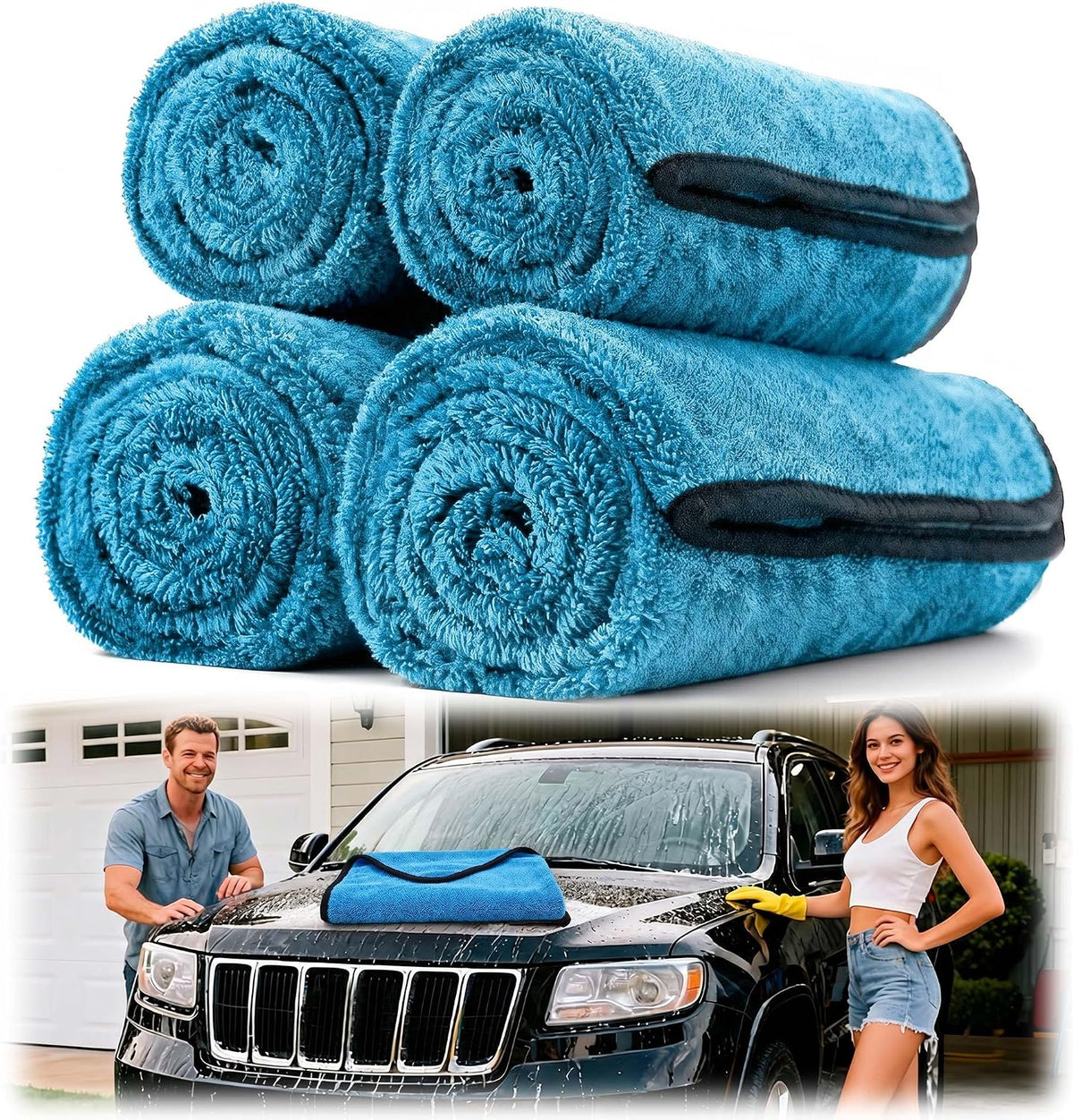 Car Drying Towels - 4 Pack Blue Microfiber Detailing Cloths, 36 x 24 In