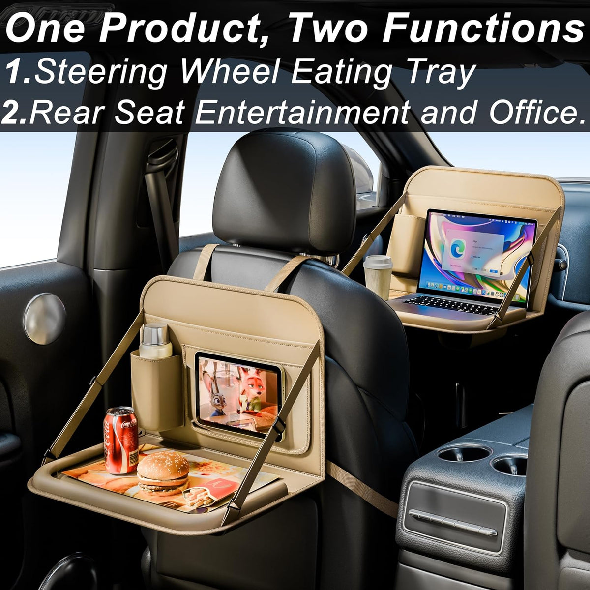GMQ Backseat Car Organizer with Tray 1 Pack,Car Back Seat Eating Tray for Kids, Multifunctional Laptop Desk,Back Seat Car Storage & Tablet Holder for Children(Beige, 1PC)