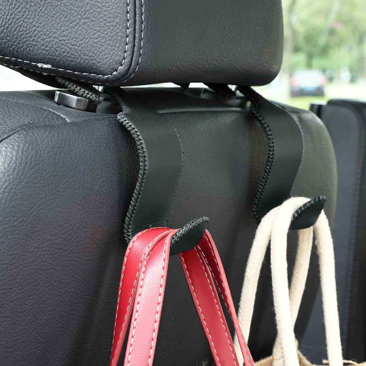 Amooca Car Seat Headrest Hook 4 Pack Metal Core Hanger Universal Car Storage Organizer for Handbag Purse Coat S Type Leather Black