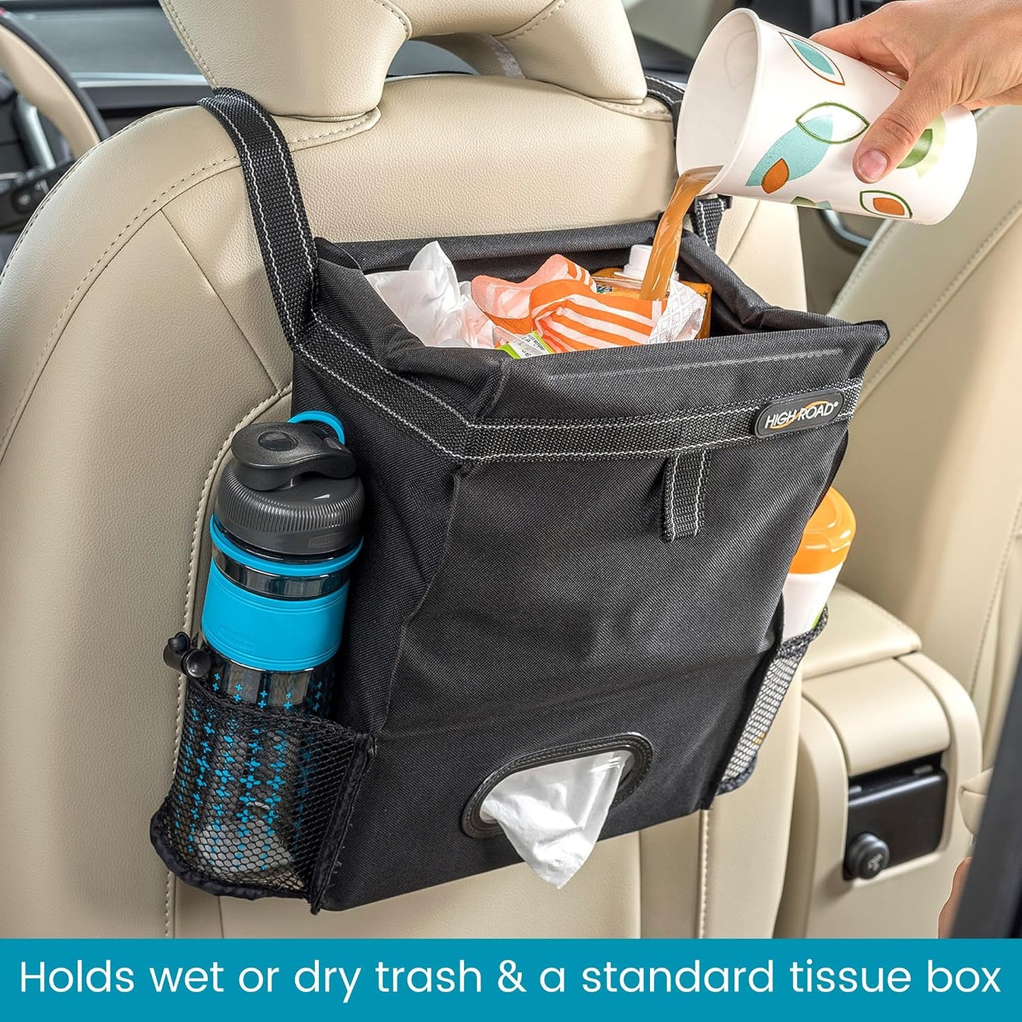 High Road Car Organizer with Car Trash Bag and Tissue Holder - Holds Full Size Tissue Box, Bottles and Wipe Containers - 2 Gal Leakproof Covered Car Trash Can with Push-Close Lid
