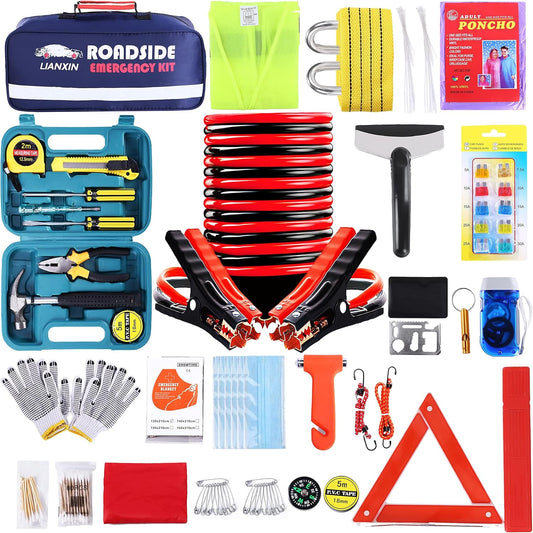 142 PCS Emergency Roadside Kit for Car ,Safety Car Kit with Jumper Cables | Roadside Assistance Emergency Kit Warning Triangle, Safety Hammer, Tow Rope, Car Emergency Kit Gifts for New Drivers