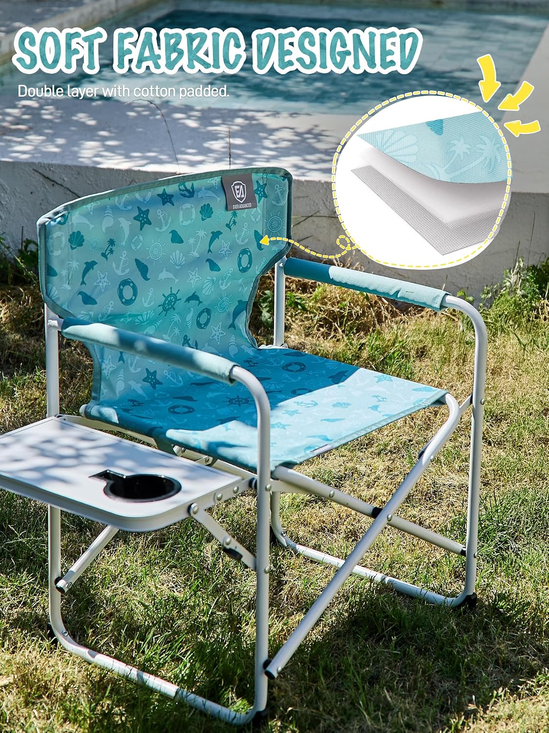 EVER ADVANCED Kids Directors Chair with Side table for Camping, RV & Sports, Padded Kid Outdoor Seat with Safety Lock, Lightweight Portable Camp Chairs for Beach, Balcony, Patio, Supports 150lbs Green