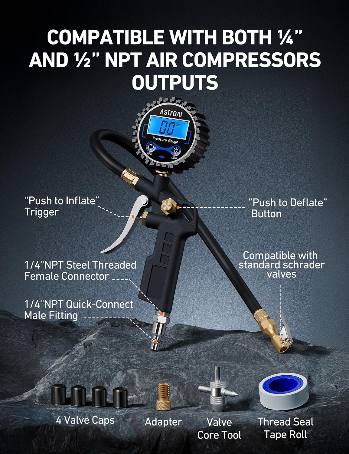 AstroAI Pro Digital Tire Pressure Gauge 3-250PSI ANSI B40.7 Grade 2A (±0.5%), Tire Gauge for Tire Pressure, Solid Brass with Rubber Hose, Air Bleeder Valve and Backlit LED, Car Accessories