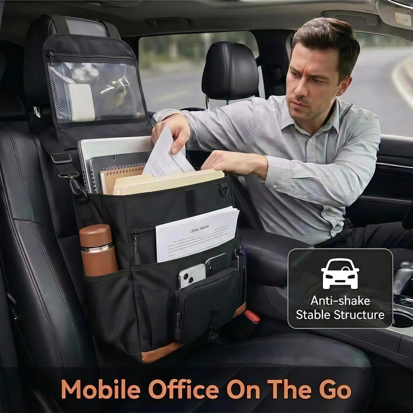 Car Front Seat Organizer with Stable Anti-Swing Design, Passenger Seat Organizer fits 15.6" Laptop, Mobile Office for Car & Truck Front Seat Organizer, Professional Work Bag for Car, Trucks