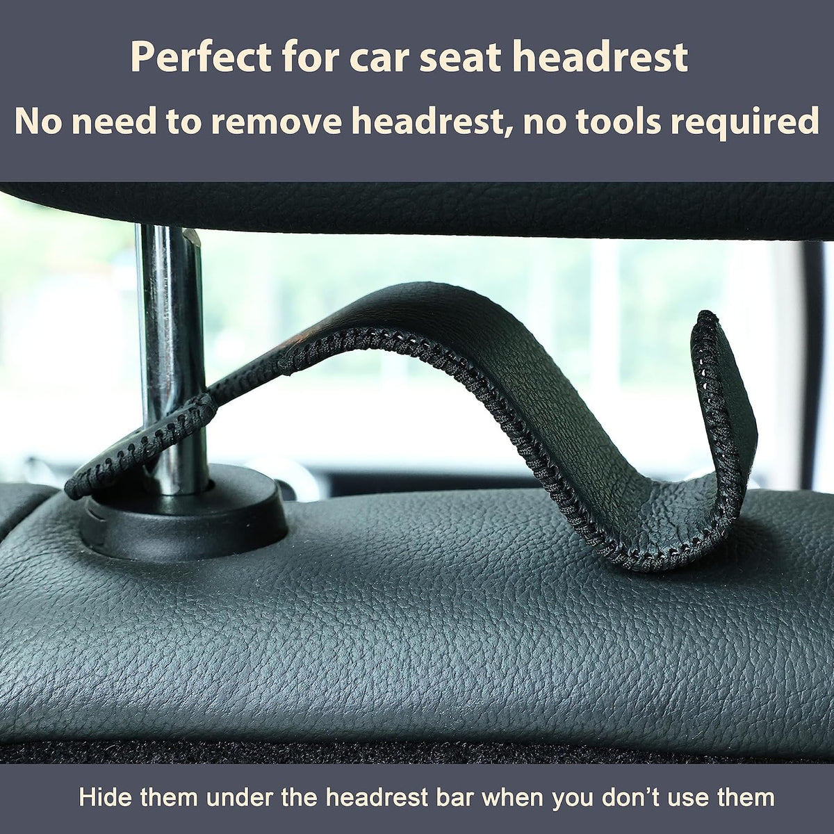 Amooca Car Seat Headrest Hook 4 Pack Metal Core Hanger Universal Car Storage Organizer for Handbag Purse Coat S Type Leather Black