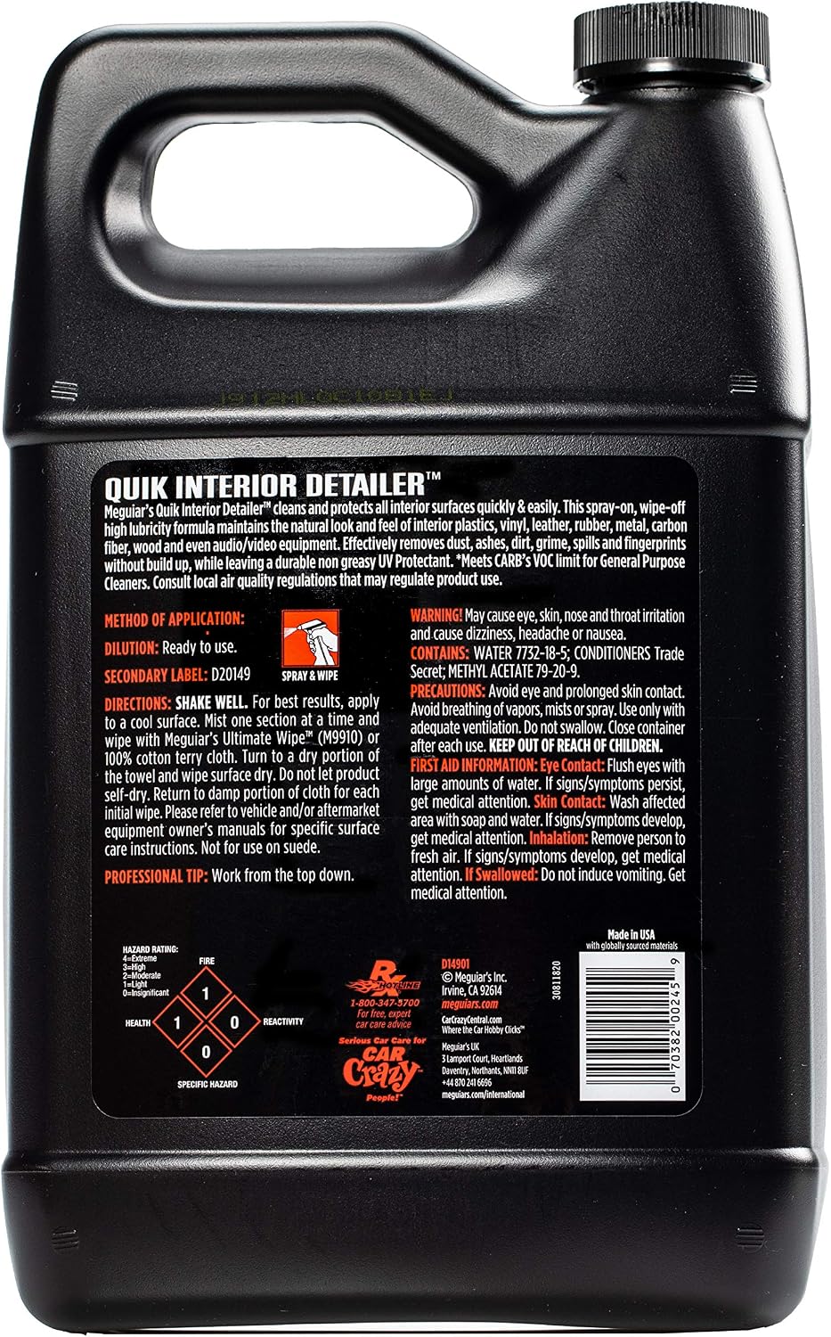 Meguiar's D14901 Detailer Quik Interior Detailer 3.79L safely cleans all interior surfaces
