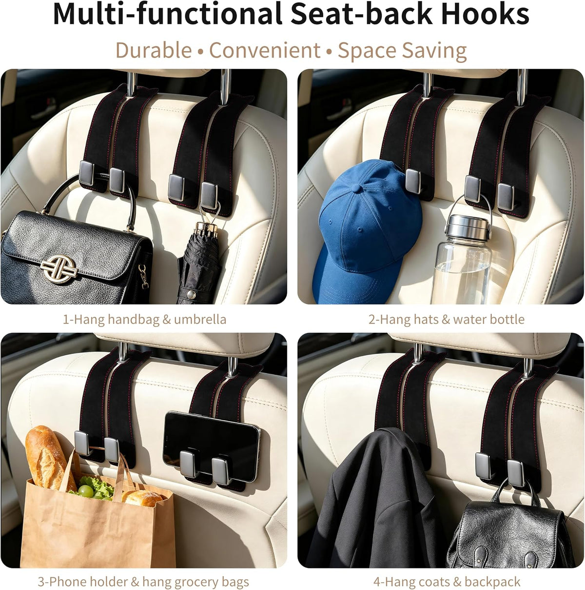 Amooca Car Headrest Hooks 4-Pack Suede Seat Organizer with Metal Core