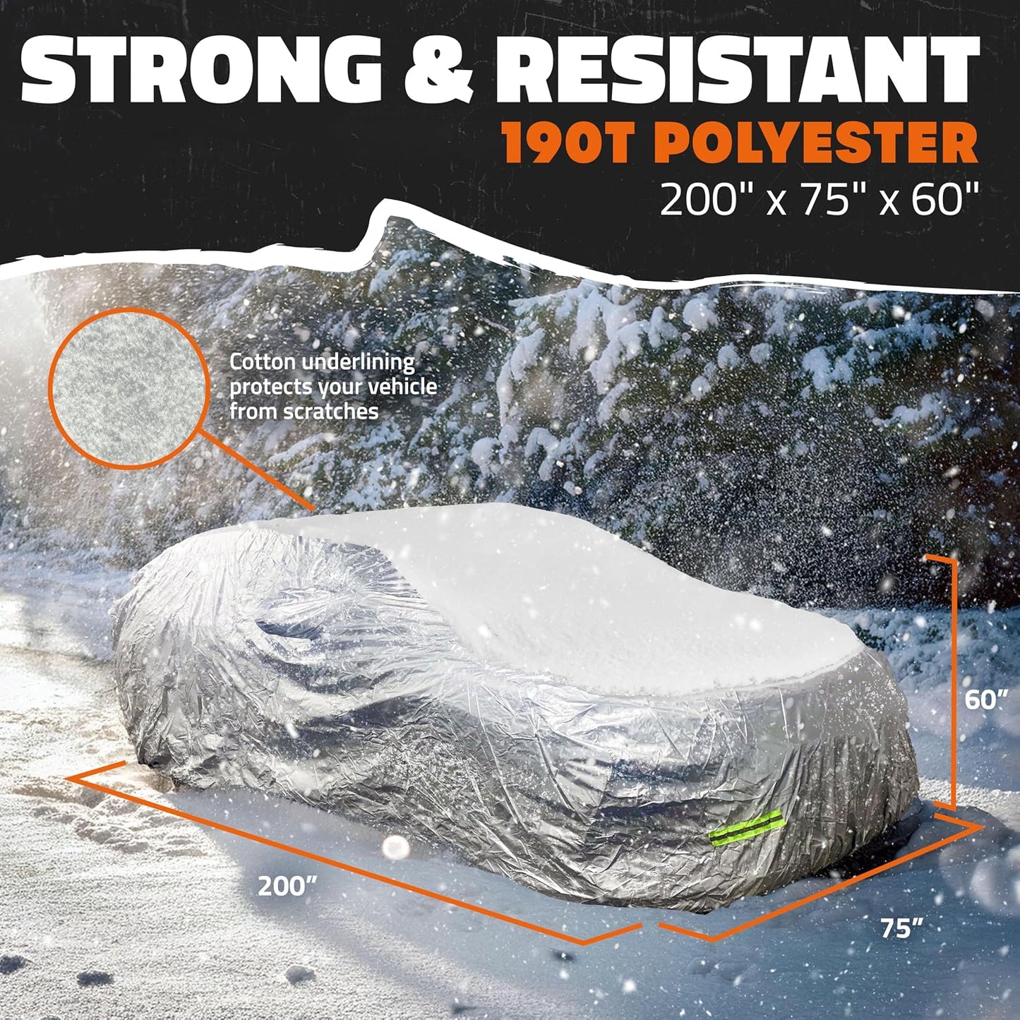 Mockins 200"x75"x60" 190T Polyester Soft Large Car Cover for Sedan Defense | Outdoor & Indoor Car Covers for Automobiles with Buckle Strap| Full Exterior Covers for Snow, Frost, UV, Dust & Light Rain