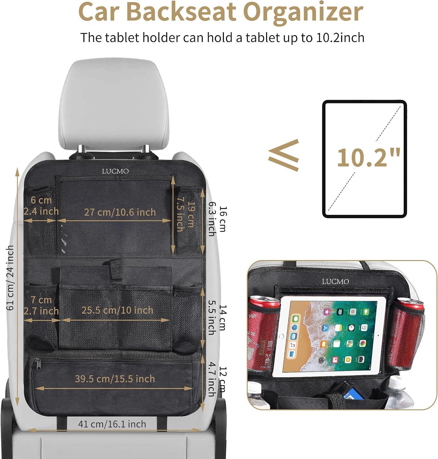 LUCMO Car Backseat Organizer with Touch Screen Tablet Holder, Black | 2 Pcs,9 Storage Pockets,Clear Tablet Holder,Protectors Kick Mats,Travel Accessories,Seat Cover,Road Trip Essentials