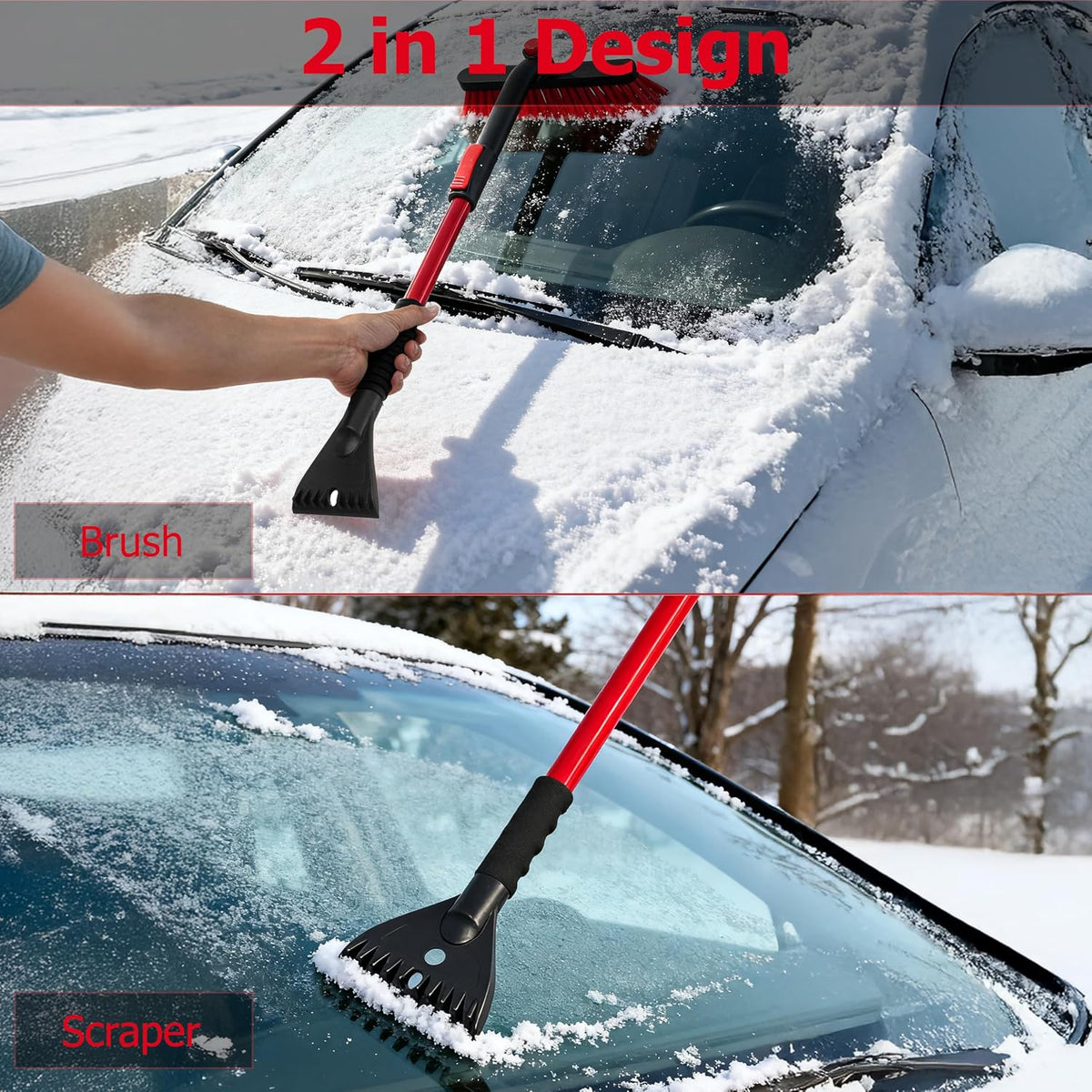 Gardenised 30-40" Extendable Aluminum Snow Brush & Ice Scraper 2-in-1 Winter Car Tool with Scratch-Free Bristles for Car SUV & Trucks, Red