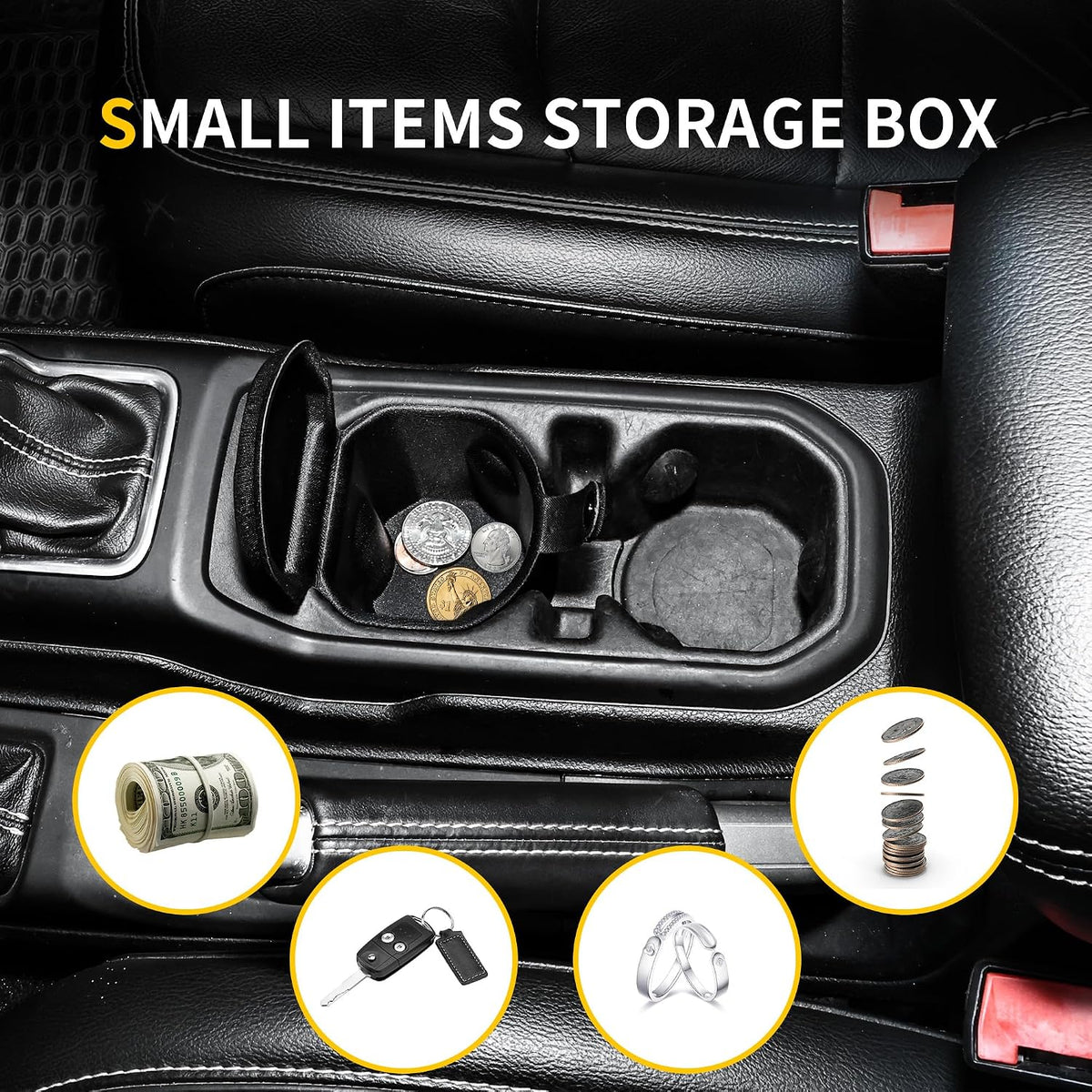 Center Console Organizer Coin Holder Compatible with Jeep Wrangler JL 4XE Gladiator JT 2018-2026 Accessories, Front Seat Cup Holder Insert Change Storage, with Lid, Portable, 1 Pack Black