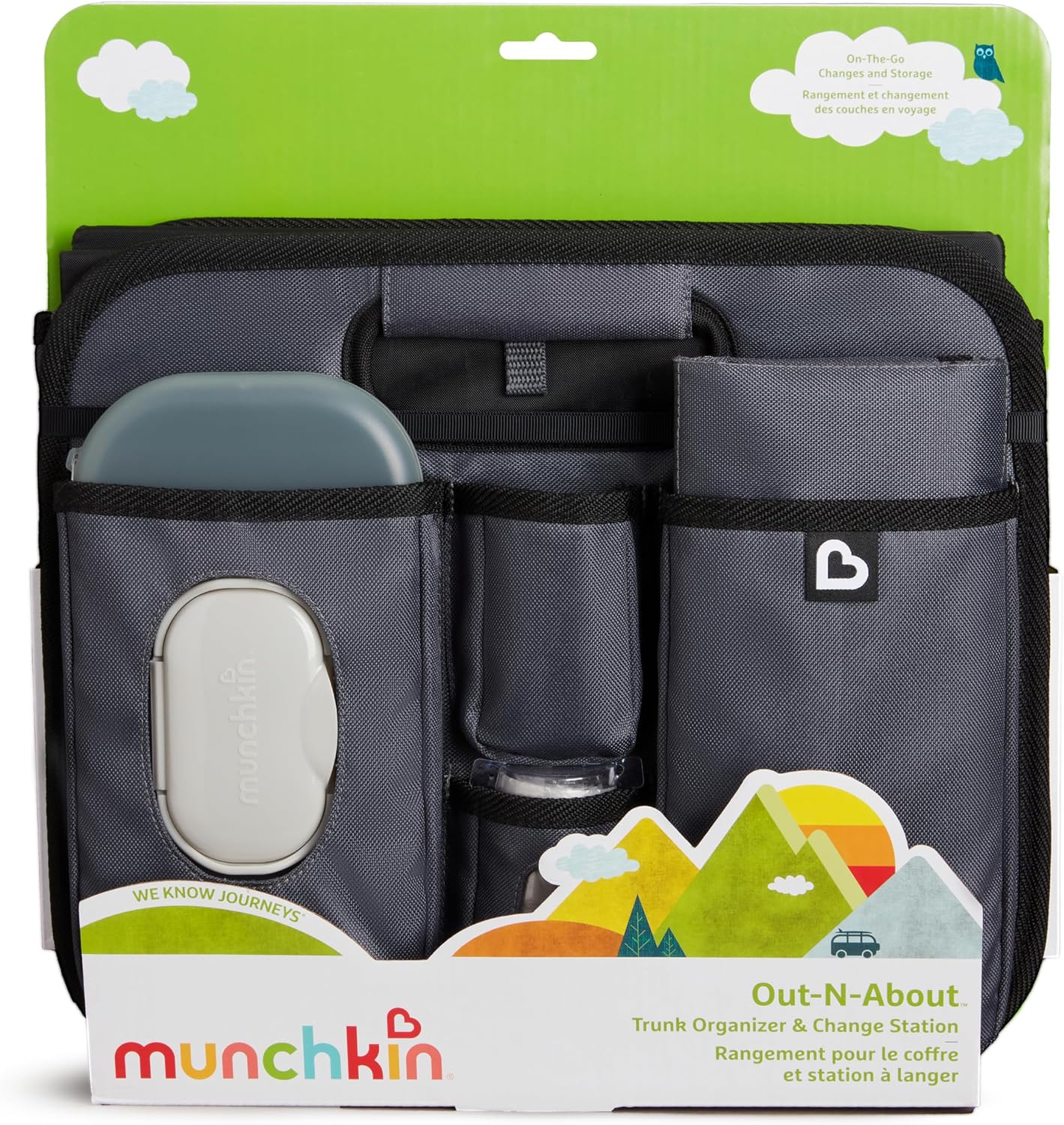 Munchkin Out-n-About Trunk Organizer for SUVs and Cars with Portable Changing Pad and Wet Baby Wipes for Diaper Changes On-the-Go, Collapsible, Grey