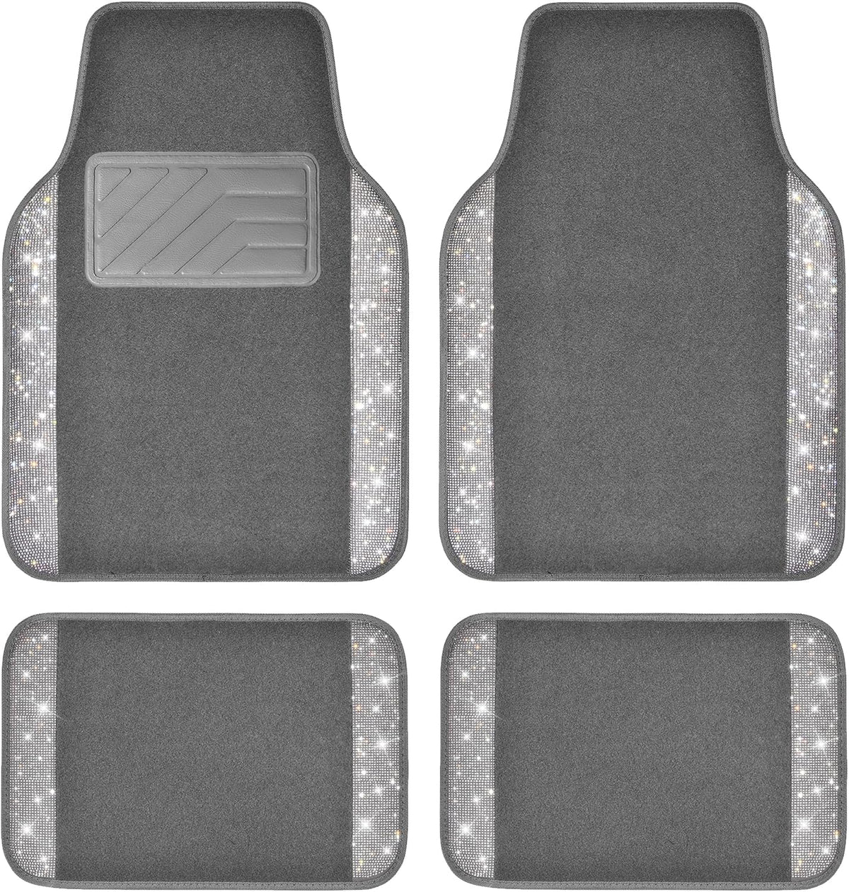 CAR PASS 3 Row Bling Diamond Car Mats Shining Carpet Rhinestones Sparkly Glitter Floor Mats Anti-Slip PVC Heel Pad Universal for Automotive SUV,Sedan,Van, 3rd Row 2 Rear for Girl Women, Black Silver
