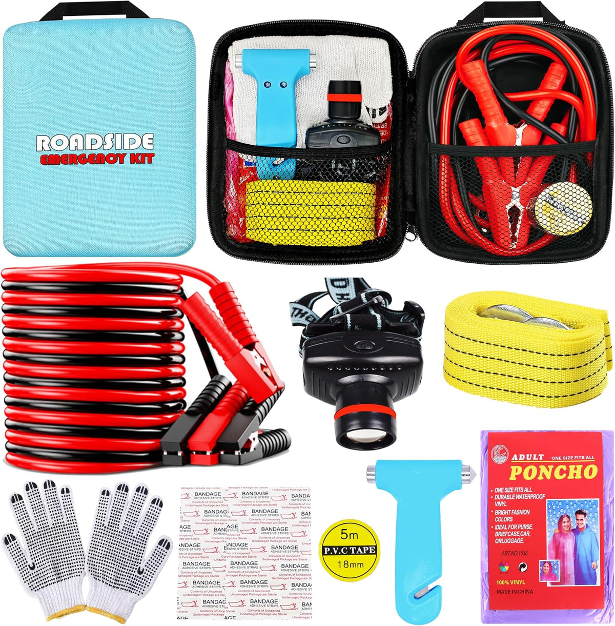 Car Roadside Emergency Kit, with Jumper Cables Headlamp Car Safety Kits