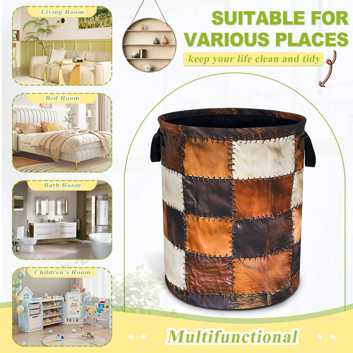 Brown Cowhide Print Laundry Basket Foldable Waterproof Hamper 18.9x16.5 In