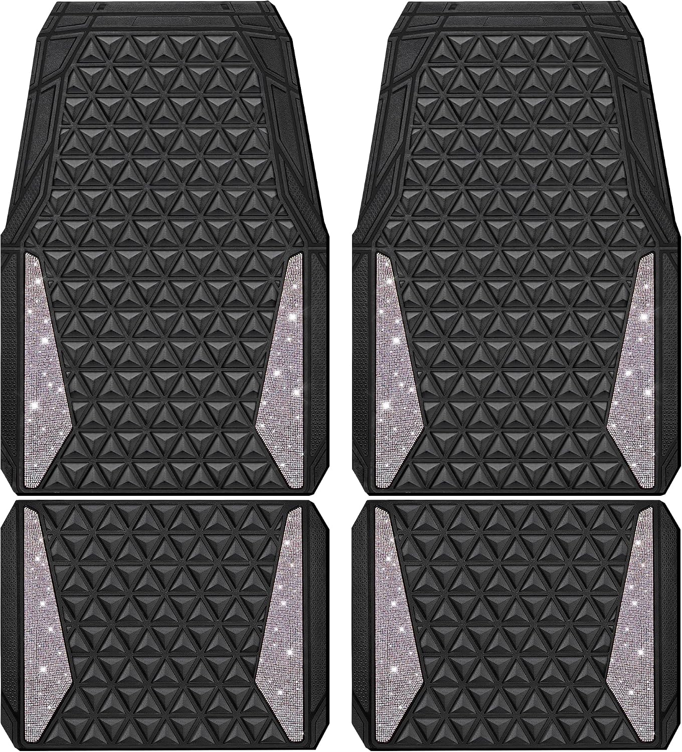 CAR PASS Bling Diamond Car Mats Rubber Floor Mats Full Set Anti-Slip 3D Rhombus Waterproof Trim Fit Liner Universal Glitter Crystal Sparkly Shining Rhinestone Girl Women SUV Sedan, Multicolor Diamond
