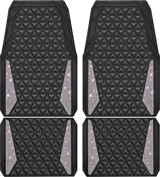 CAR PASS Bling Diamond Car Mats Rubber Floor Mats Full Set Anti-Slip 3D Rhombus Waterproof Trim Fit Liner Universal Glitter Crystal Sparkly Shining Rhinestone Girl Women SUV Sedan, Multicolor Diamond